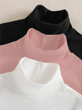 SHEIN Sparklyn 3 قطع/مجموعة قمصان تي شيرت كاجوال للفتيات المراهقات مطبوعة بصور القطط ذات ياقة عالية وأكمام طويلة مبطنة حرارياً