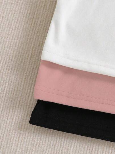 SHEIN Sparklyn 3 قطع/مجموعة قمصان تي شيرت كاجوال للفتيات المراهقات مطبوعة بصور القطط ذات ياقة عالية وأكمام طويلة مبطنة حرارياً