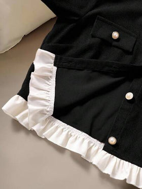 SHEIN مجموعة ملابس علوية وتنورة كاجوال للمراهقات، ملابس علوية بأكمام طويلة وياقة مكسرة مزين بأزرار، وتنورة خط A منسوجة بسيطة، مناسبة للارتداء اليومي الكاجوال في فصلي الخريف والشتاء، قطعتان