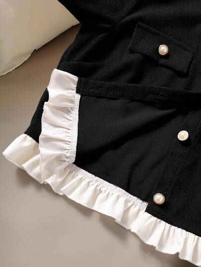 SHEIN مجموعة ملابس علوية وتنورة كاجوال للمراهقات، ملابس علوية بأكمام طويلة وياقة مكسرة مزين بأزرار، وتنورة خط A منسوجة بسيطة، مناسبة للارتداء اليومي الكاجوال في فصلي الخريف والشتاء، قطعتان