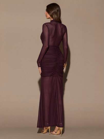 SHEIN BAE فستان أنيق طويل الأكمام بياقة عالية وخصر مطاطي شبه شفاف، لون بوردو، مناسب لحفلات الكوكتيل والمناسبات الرومانسية وأيام الخريف والشتاء والتجمعات والحفلات والمناسبات الرسمية وحفلات الزفاف وعيد الهالوين وعيد الميلاد