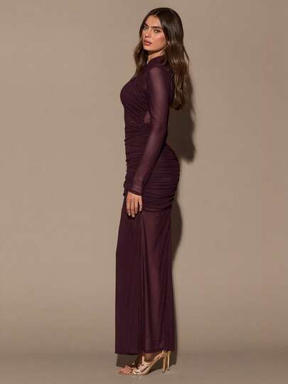 SHEIN BAE فستان أنيق طويل الأكمام بياقة عالية وخصر مطاطي شبه شفاف، لون بوردو، مناسب لحفلات الكوكتيل والمناسبات الرومانسية وأيام الخريف والشتاء والتجمعات والحفلات والمناسبات الرسمية وحفلات الزفاف وعيد الهالوين وعيد الميلاد