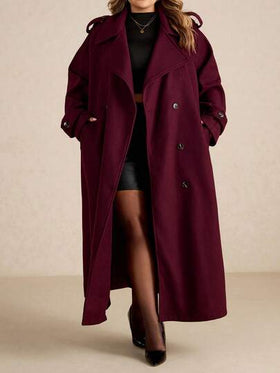 SHEIN CURVE+ معطف طويل أزرار أمامية بسيط أكمام طويلة للنساء بحجم كبير باللون البرغندي، معطف صوفي طويل بورغندي كاجوال للاستخدام اليومي، ملابس شتوية سميكة دافئة مجوفة للنساء في وعيد الهالوين والشتاء وعيد الميلاد، معطف نسائي مقاوم للرياح للخريف