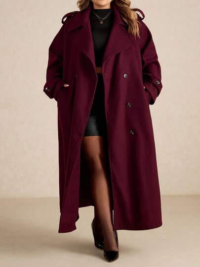 SHEIN CURVE+ معطف طويل أزرار أمامية بسيط أكمام طويلة للنساء بحجم كبير باللون البرغندي، معطف صوفي طويل بورغندي كاجوال للاستخدام اليومي، ملابس شتوية سميكة دافئة مجوفة للنساء في وعيد الهالوين والشتاء وعيد الميلاد، معطف نسائي مقاوم للرياح للخريف