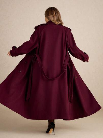 SHEIN CURVE+ معطف طويل أزرار أمامية بسيط أكمام طويلة للنساء بحجم كبير باللون البرغندي، معطف صوفي طويل بورغندي كاجوال للاستخدام اليومي، ملابس شتوية سميكة دافئة مجوفة للنساء في وعيد الهالوين والشتاء وعيد الميلاد، معطف نسائي مقاوم للرياح للخريف