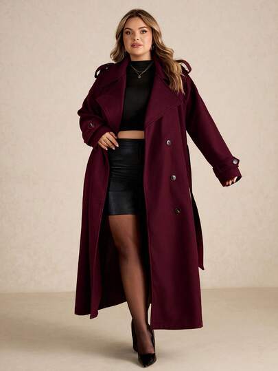 SHEIN CURVE+ معطف طويل أزرار أمامية بسيط أكمام طويلة للنساء بحجم كبير باللون البرغندي، معطف صوفي طويل بورغندي كاجوال للاستخدام اليومي، ملابس شتوية سميكة دافئة مجوفة للنساء في وعيد الهالوين والشتاء وعيد الميلاد، معطف نسائي مقاوم للرياح للخريف