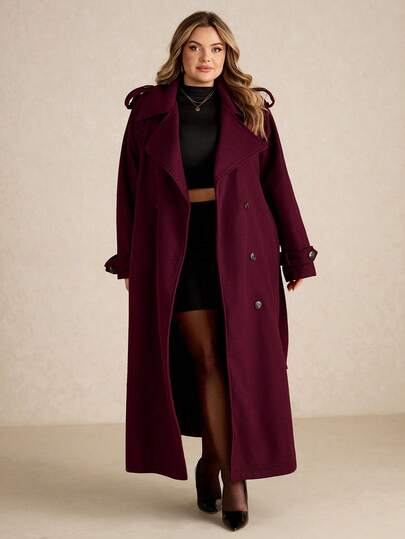 SHEIN CURVE+ معطف طويل أزرار أمامية بسيط أكمام طويلة للنساء بحجم كبير باللون البرغندي، معطف صوفي طويل بورغندي كاجوال للاستخدام اليومي، ملابس شتوية سميكة دافئة مجوفة للنساء في وعيد الهالوين والشتاء وعيد الميلاد، معطف نسائي مقاوم للرياح للخريف