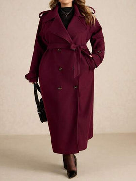 SHEIN CURVE+ معطف طويل أزرار أمامية بسيط أكمام طويلة للنساء بحجم كبير باللون البرغندي، معطف صوفي طويل بورغندي كاجوال للاستخدام اليومي، ملابس شتوية سميكة دافئة مجوفة للنساء في وعيد الهالوين والشتاء وعيد الميلاد، معطف نسائي مقاوم للرياح للخريف