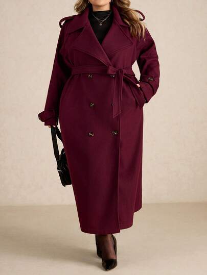 SHEIN CURVE+ معطف طويل أزرار أمامية بسيط أكمام طويلة للنساء بحجم كبير باللون البرغندي، معطف صوفي طويل بورغندي كاجوال للاستخدام اليومي، ملابس شتوية سميكة دافئة مجوفة للنساء في وعيد الهالوين والشتاء وعيد الميلاد، معطف نسائي مقاوم للرياح للخريف