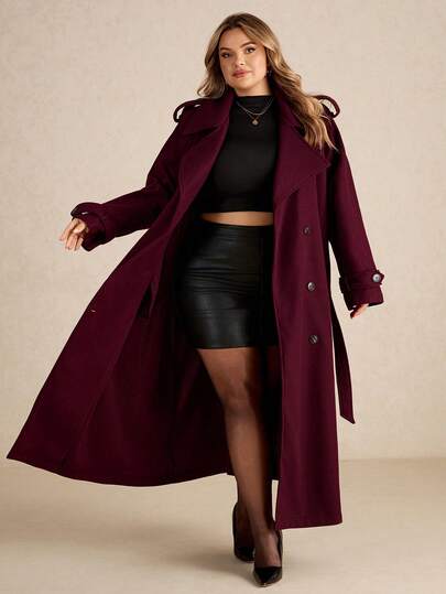 SHEIN CURVE+ معطف طويل أزرار أمامية بسيط أكمام طويلة للنساء بحجم كبير باللون البرغندي، معطف صوفي طويل بورغندي كاجوال للاستخدام اليومي، ملابس شتوية سميكة دافئة مجوفة للنساء في وعيد الهالوين والشتاء وعيد الميلاد، معطف نسائي مقاوم للرياح للخريف