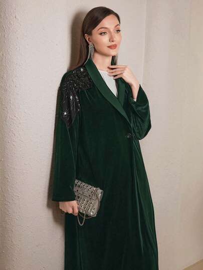 Al Najma عباءة أنيقة للنساء مزينة بالترتر على الطراز العربي، خريفية، عباءات فاخرة متواضعة من الأبنوس مع أزرار، مناسبة لحفلات المساء/ضيوف الزفاف/الذكرى السنوية