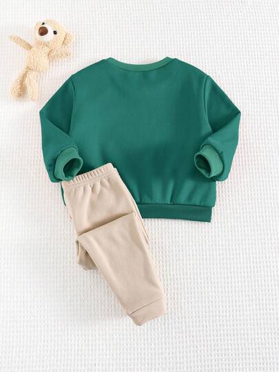 Cozy Pixies مجموعة ملابس علوية طويلة الأكمام بياقة طاقم مع نقشة الدب الكرتوني وبنطال مبطن بالقطن الحراري للأطفال الصبيان، قطعتان