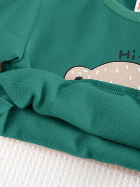Cozy Pixies مجموعة ملابس علوية طويلة الأكمام بياقة طاقم مع نقشة الدب الكرتوني وبنطال مبطن بالقطن الحراري للأطفال الصبيان، قطعتان