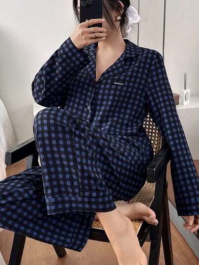 SHEIN بيجامة نسائية كاجوال فضفاضة بطبعة مربعات، أكمام طويلة، ملابس خريف وشتاء