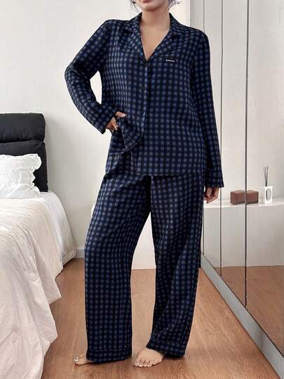 SHEIN بيجامة نسائية كاجوال فضفاضة بطبعة مربعات، أكمام طويلة، ملابس خريف وشتاء