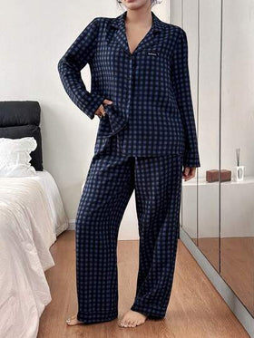 SHEIN بيجامة نسائية كاجوال فضفاضة بطبعة مربعات، أكمام طويلة، ملابس خريف وشتاء