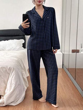 SHEIN بيجامة نسائية كاجوال فضفاضة بطبعة مربعات، أكمام طويلة، ملابس خريف وشتاء