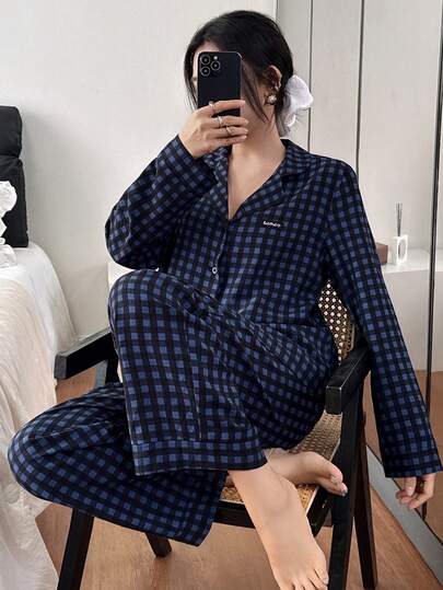 SHEIN بيجامة نسائية كاجوال فضفاضة بطبعة مربعات، أكمام طويلة، ملابس خريف وشتاء