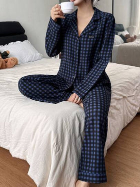 SHEIN بيجامة نسائية كاجوال فضفاضة بطبعة مربعات، أكمام طويلة، ملابس خريف وشتاء