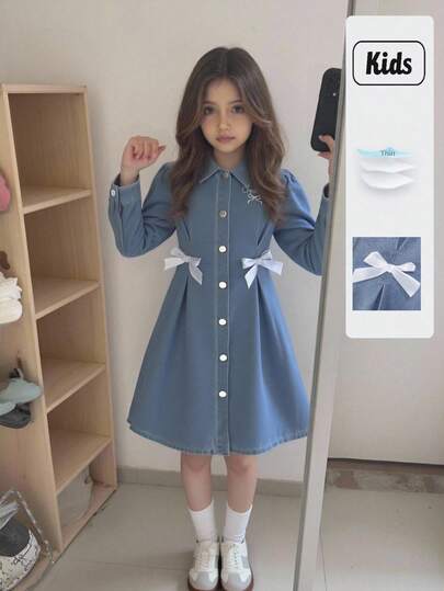 SHEIN فساتين جينز جديدة للبنات، تصميم مشدود الخصر، زخرفة فيونكة جميلة، فساتين جينز قصيرة للربيع والصيف مريحة وكاجوال مع طبعات مطرزة، طراز ملابس الشارع الأنيق، قماش متعدد الاستخدامات