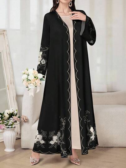 SHEIN Najma رمضان عباية أنثوية كاجوال طويلة الأكمام مطبوعة بالزهور، ربيع/خريف