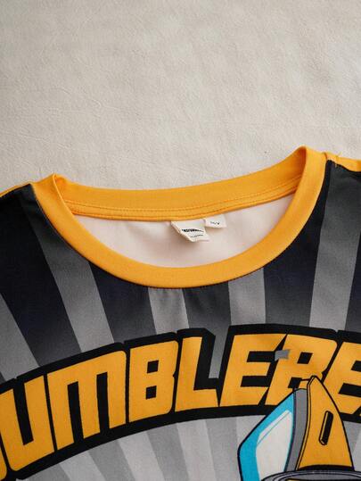 Transformers X SHEIN مجموعة بيجاما مريحة من قطعتين للأولاد المراهقين، تتكون من ملابس علوية بأكمام طويلة وياقة دائرية مطبوع عليها رسومات حرف وروبوت، وبنطلون فضفاض من النسيج المقاوم للاشتعال