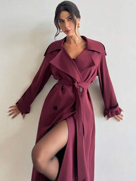 Firerie معطف نسائي أنيق للعمل والشارع، طراز عصري، لون أحمر قديم ثابت، أكمام طويلة، أزرار أمامية بسيطة، طويل الخصر، ذو صدر مزدوج وحزامين، معطف طويل أنيق للاستخدام اليومي، معطف صوفي طويل بورغندي قديم، معطف ذو صدر مزدوج للخريف/الشتاء