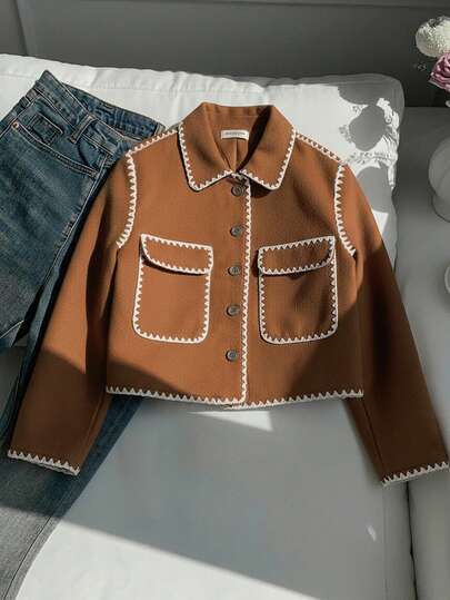 جاكيت بياقة وحواف بيضاء وسوداء متباينة، جيب كبير، مناسب للمراهقات، متعدد الاستخدامات، للخريف والشتاء