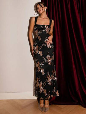 SHEIN Glamour فستان أنيق مطرز بالترتر بنمط الزهور ذو تصميم ضيق وذيل بشكل ذيل السمكة للنساء