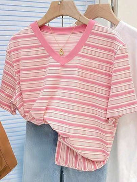 SHEIN تي شيرت قصير الأكمام بياقة على شكل حرف V مخطط ملون بطراز كلاسيكي للنساء، قمصان صيفية عادية