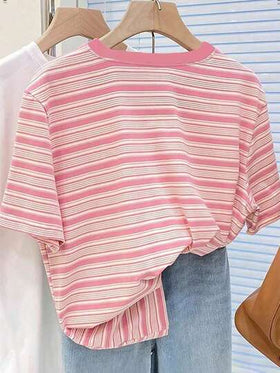 SHEIN تي شيرت قصير الأكمام بياقة على شكل حرف V مخطط ملون بطراز كلاسيكي للنساء، قمصان صيفية عادية