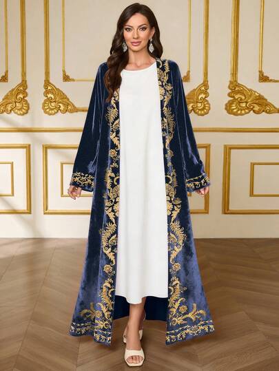 SHEIN Najma رمضان عباءة أنيقة من الأبيض والأسود بطبعات زهرية داماسك، مناسبة للربيع والخريف