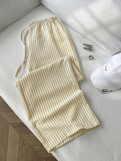 SHEIN PETITE 1 قطعة بنطال نسائي بخصر منخفض جدًا وسحاب مطاطي، قماش قطني مجعد بخطوط، لون أصفر، مناسب للذهاب إلى المدرسة والارتداء اليومي، تصميم كاجوال وأنيق