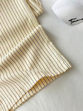 SHEIN PETITE 1 قطعة بنطال نسائي بخصر منخفض جدًا وسحاب مطاطي، قماش قطني مجعد بخطوط، لون أصفر، مناسب للذهاب إلى المدرسة والارتداء اليومي، تصميم كاجوال وأنيق