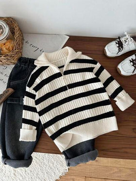 SHEIN كنزة صوفية كارديجان مخططة مزودة بياقة عالية وسحاب للأولاد الصغار، بلون بيج وأسود، متعددة الاستخدامات للمدرسة والمنزل والخروجات، مناسبة لعيد الميلاد والشكر والشتاء