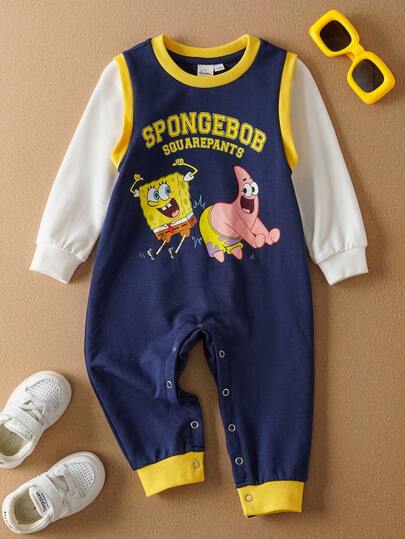 SpongeBob SquarePants | SHEIN جمبسوت قطعة واحدة للأطفال الرضع ذات نمط كرتوني مضحك، للخريف/الشتاء