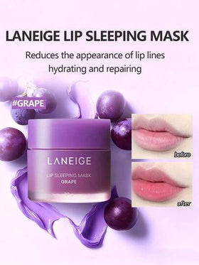 Laneige 20 جرام قناع نوم للشفاه بنكهة العنب، العناية المكثفة بالشفاه، مُنقع بفيتامين سي، مغذي ومصلح للتجاعيد والتشديد، لطيف ومهدئ للتقشير، يقلل من خطوط الشفاه، غني بمضادات الأكسدة، يحسن الشفاه الجافة والمتقشرة.