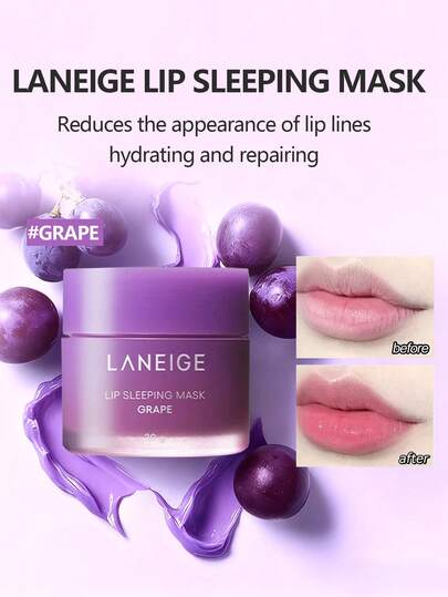 Laneige 20 جرام قناع نوم للشفاه بنكهة العنب، العناية المكثفة بالشفاه، مُنقع بفيتامين سي، مغذي ومصلح للتجاعيد والتشديد، لطيف ومهدئ للتقشير، يقلل من خطوط الشفاه، غني بمضادات الأكسدة، يحسن الشفاه الجافة والمتقشرة.