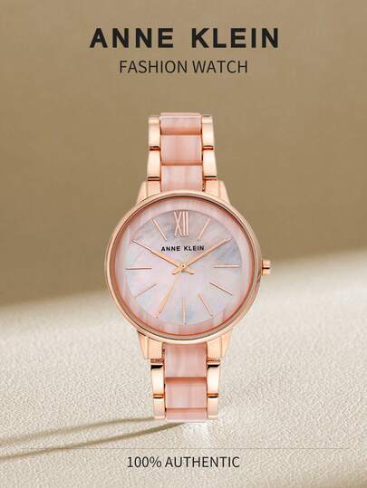 Anne Klein ساعة سوار من الألماس الوردي والبني مع قرص من لؤلؤ الأم باللون الزهري الفاتح للسيدات، سوار قابل للتعديل كهدية، AK/1412PKRG