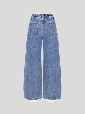SHEIN ChillGRL بنطلون جينز كاجوال مناسب للفتيات، متعدد الاستخدامات، مناسب لجميع الفصول، بتصميم بسيط وأنيق، خصر مطاطي، إغلاق بسحاب، بنطلون جينز قصير مغسول