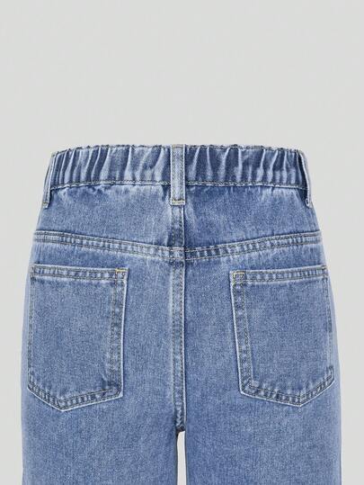 SHEIN ChillGRL بنطلون جينز كاجوال مناسب للفتيات، متعدد الاستخدامات، مناسب لجميع الفصول، بتصميم بسيط وأنيق، خصر مطاطي، إغلاق بسحاب، بنطلون جينز قصير مغسول