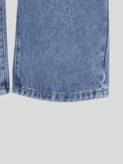 SHEIN ChillGRL بنطلون جينز كاجوال مناسب للفتيات، متعدد الاستخدامات، مناسب لجميع الفصول، بتصميم بسيط وأنيق، خصر مطاطي، إغلاق بسحاب، بنطلون جينز قصير مغسول