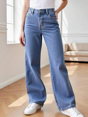 SHEIN ChillGRL بنطلون جينز كاجوال مناسب للفتيات، متعدد الاستخدامات، مناسب لجميع الفصول، بتصميم بسيط وأنيق، خصر مطاطي، إغلاق بسحاب، بنطلون جينز قصير مغسول