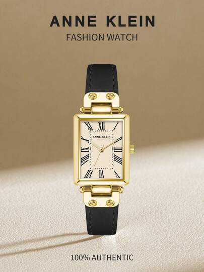 Anne Klein ساعة كوارتز بسوار جلد أسود للنساء، قرص نسيجي كريمي، حالة بلون ذهبي، أنيقة وعصرية، مناسبة كهدية للسيدات، AK/3752CRBK