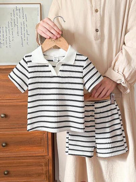 Vintaside Kids مجموعة ملابس علوية أكمام قصيرة رقبة على شكل حرف V مخطط وشورت بدون خصر للأطفال الصبيان في الصيف، قطعتان