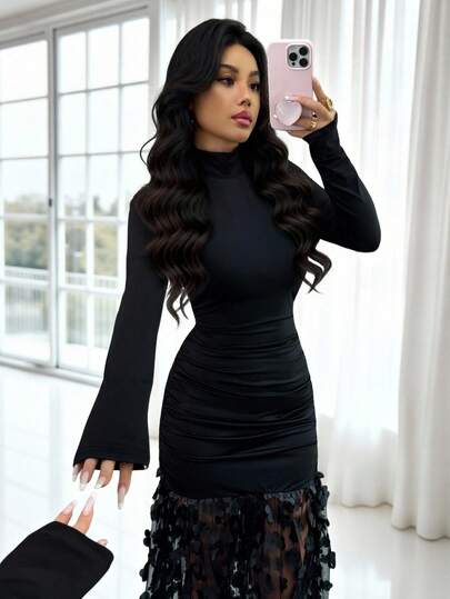 Rafferiza فستان نسائي أنيق بياقة عالية وأكمام طويلة وطيات من الشبك ضيق الجسم متوسط الطول، مناسب للارتداء اليومي، الزفاف، السهرات، التنقل، حفلات التخرج، العطلات، المواعيد، الحفلات، هالوين، عيد الميلاد، رأس السنة