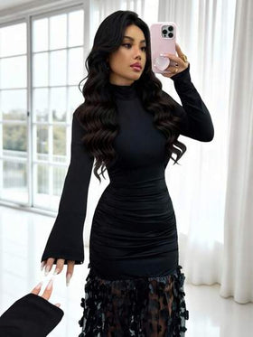 Rafferiza فستان نسائي أنيق بياقة عالية وأكمام طويلة وطيات من الشبك ضيق الجسم متوسط الطول، مناسب للارتداء اليومي، الزفاف، السهرات، التنقل، حفلات التخرج، العطلات، المواعيد، الحفلات، هالوين، عيد الميلاد، رأس السنة