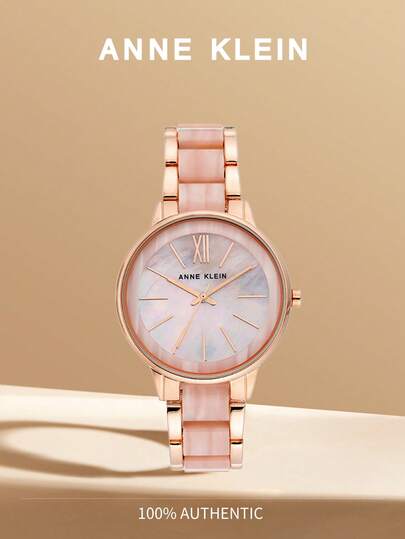 Anne Klein ساعة الأنيقة للنساء ذات الإطار الوردي الذهبي والإسورة القابلة للتعديل من الراتنج الوردي والقرص الأم اللؤلؤي الوردي الفاتح الدائري التناظري مقاومة للماء، موديل AK/1412PKRG