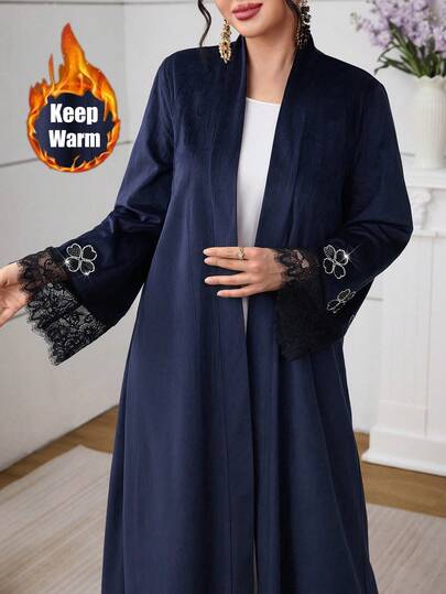 Al Najma رمضان عباءة فضفاضة مزينة بالراين ستون والدانتيل الفاخرة للنساء، خريف/شتاء
