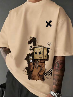 Manfinity Dauomo تي شيرت كاجوال للرجال بطباعة كرتونية، صيفي